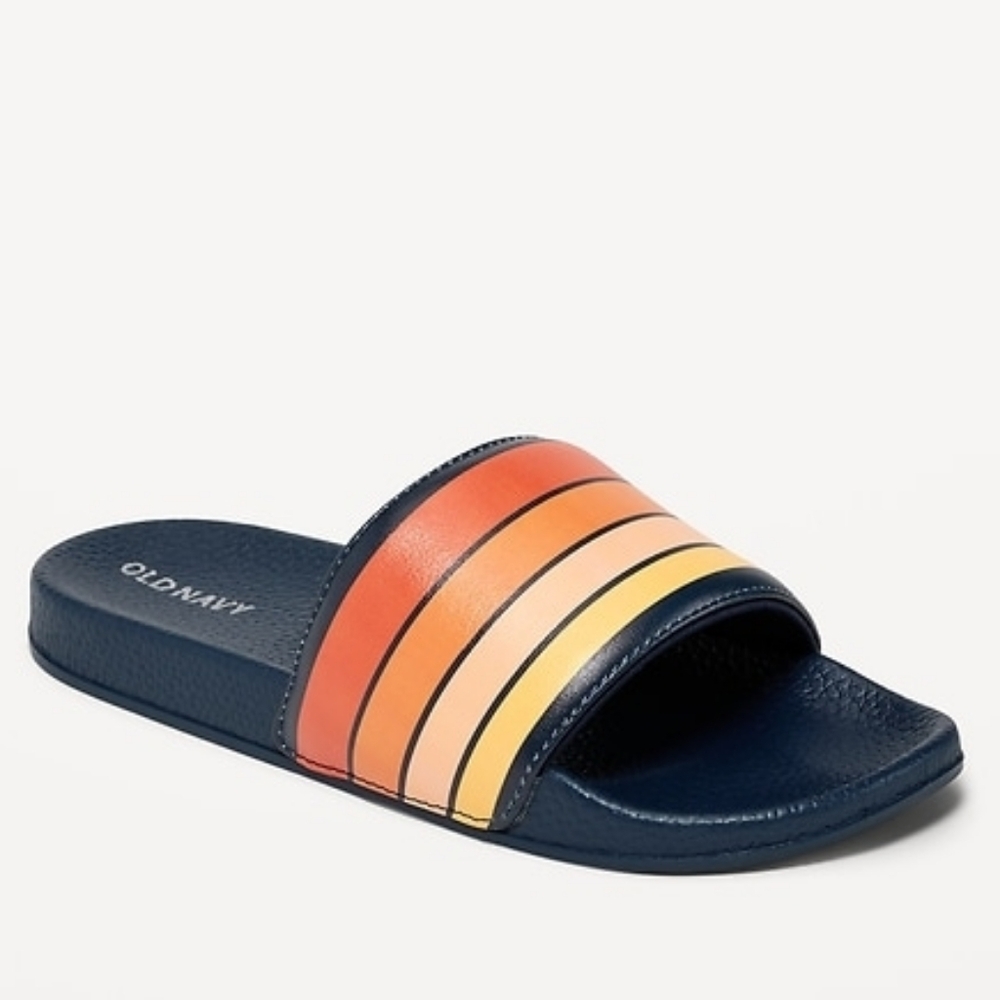 Old Navy Navy Blue Slide Sandals with Yellow-Orange-Red Stripes Size 12-13